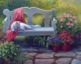 Framed canvas art print giclee afternoon delight cat relaxing in flower garden - £31.64 GBP+