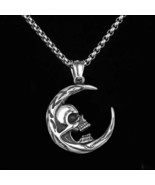 Men&#39;s Punk Retro Skull Crescent Moon Pendant Necklace Jewelry Chain 24&quot; ... - £7.92 GBP