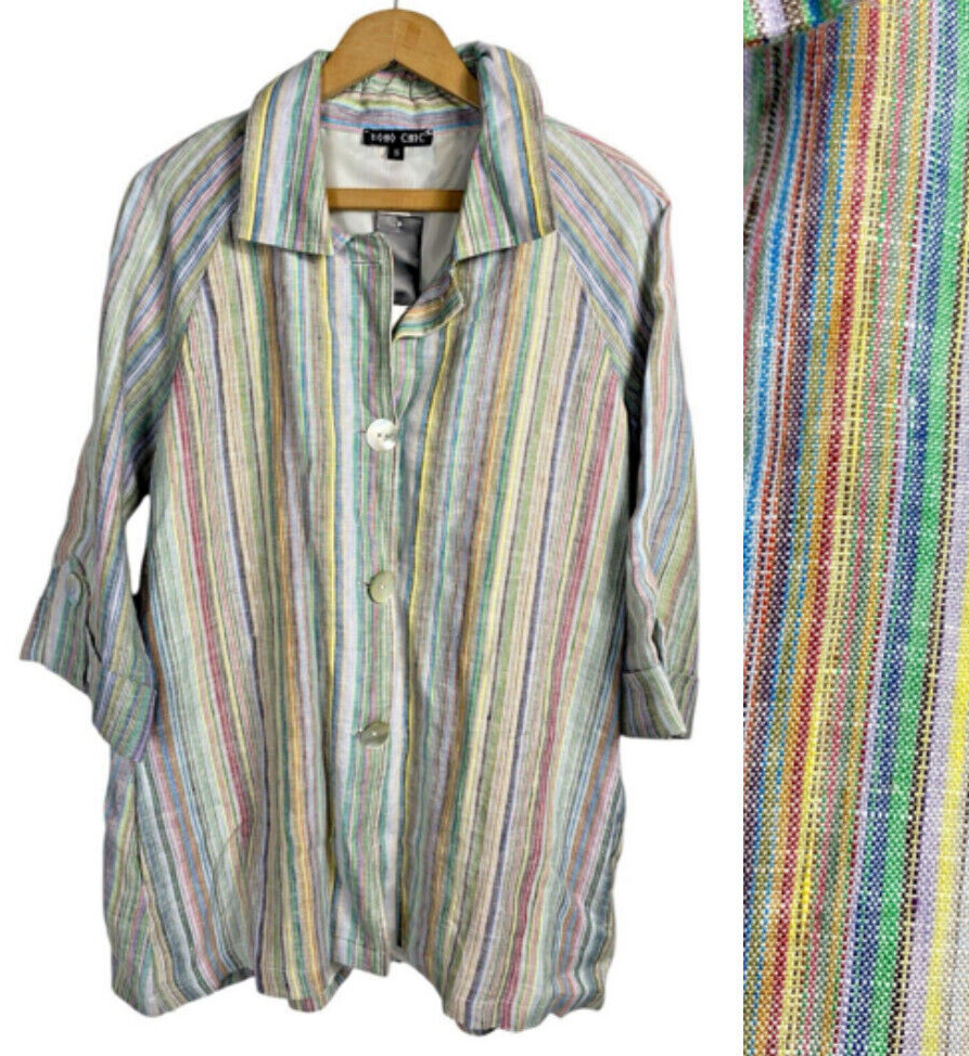 Boho Chic 100% Linen Jacket Size S Rainbow Stripe Lagenlook Button Down NEW - $79.69