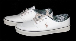 Ralph Lauren Faxon X Embroidered Logo Off-White Canvas Plaid Lined Shoes Mn 11.5 - £51.94 GBP
