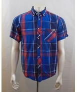 Cherokee Blue Red Short Sleeve Men&#39;s Button Down Cotton Casual Shirt Siz... - $9.89