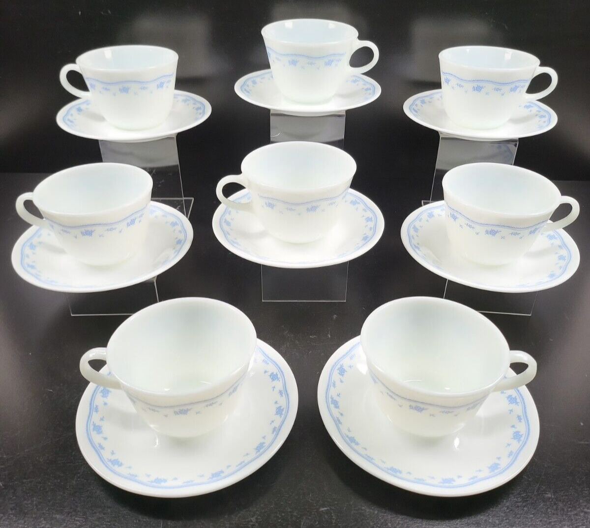 Primary image for 8 Corelle Morning Blue Pyrex Cups Saucers Set Corning Floral Milk Glass Dish Lot