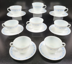 8 Corelle Morning Blue Pyrex Cups Saucers Set Corning Floral Milk Glass ... - £47.04 GBP