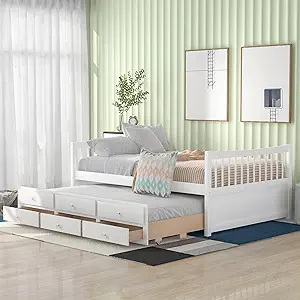 Full Size Daybed With Twin Trundle And Storage Drawers, Solid Wood Platf... - $730.99