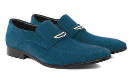 Made To Order Orient Blue Slip On Premium Suede Leather Men Loafer Party Shoes - £101.82 GBP
