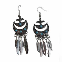 Native American earrings crescent style faux turquoise silver colored feathers - £12.61 GBP