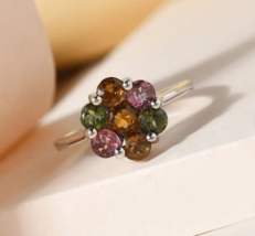 Amethyst Multi Stone Cluster Flower Colorful Ring Rainbow Jewelry Gift For Her - £21.67 GBP