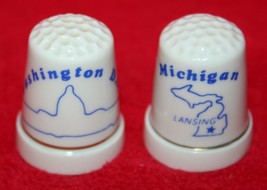 2 Vintage Souvenir Porcelain Sewing Thimbles Michigan &amp; Washington Dc Gold Trim - £7.78 GBP