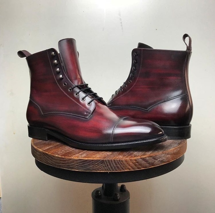 New Men's Handmade Burgundy Lace Up Ankle high Cap Toe casual Leather Boots