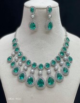 Bollywood Style Indian Silver Plated CZ Sea Green Necklace Earrings Jewelry Set - £68.75 GBP