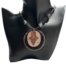 Womens Chico&#39;s Black Faux Leather Necklace Large Stone Tribal Pendant Jewelry - $32.00