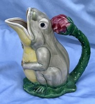 Frog Pitcher Lily Pad 9 1/2&quot; Green Majolica Style Pottery Garden Patio Frog - $23.32