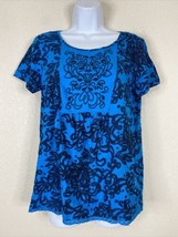Laura Scott Womens Size S Blue Floral Scoop Neck Blouse Short Sleeve Cotton - £5.48 GBP