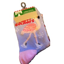 Funky Ice Skating Skater PINK FLAMINGO CREW SOCKS Happy Holidays Winter ... - $4.72