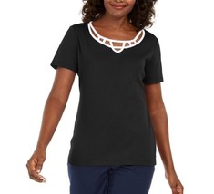 Karen Scott Womens Petite PS Deep Black Short Sleeve Lattice Trim Top NWT Q22 - £14.96 GBP