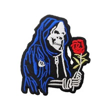 GRIM REAPER SKELETON with Rose 3&quot; x 2-1/2&quot; iron on patch Skull applique (Y) - £4.34 GBP
