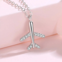 Delicate 925 Sterling Silver Cubic Zirconia Airplane Pendant Necklace - £15.65 GBP