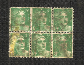 France - 1947-1951 - Green 5 Franc - Marianne - Block Of 6 - Cto - Nh - Ng - £3.12 GBP