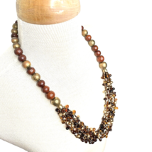 Multi Strand Beaded Necklace 26” Lucite Wood Metal Root Beer Gold Brown Chunky - £13.31 GBP