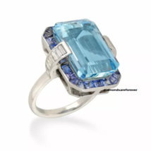 13.08CT Emerald Cut Aquamarine Blue Sapphire &amp; Baguette Cut CZ Halo Antique Ring - $700.37