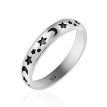 Evening Sky Moon and Star Band Sterling Silver Ring-5 - £9.93 GBP