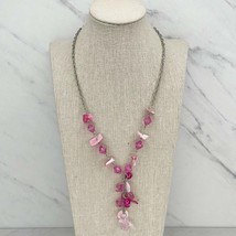 Silver Tone Pink Beaded Shell Y Drop Necklace - £5.20 GBP