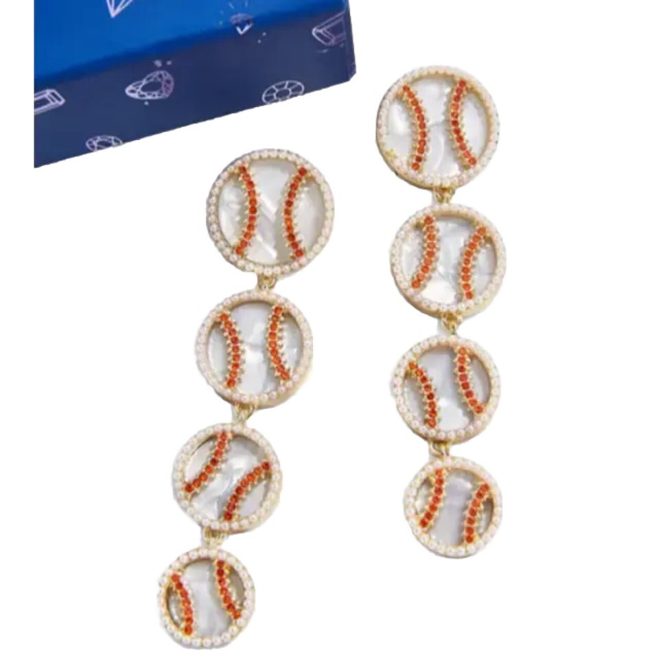 New BaubleBar Gold Tone Faux Pearl Baseball &quot;Home Run Honey” Dangle Earr... - $58.81