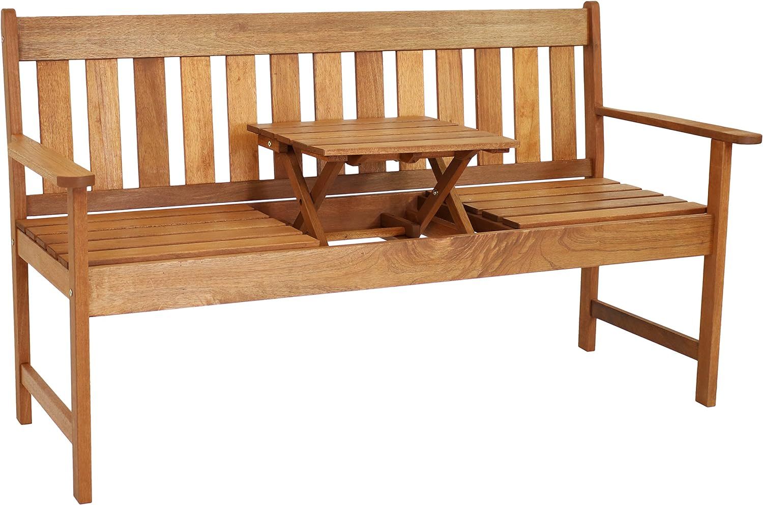 Primary image for Sunnydaze Meranti Wood Outdoor Patio Bench With Built-In Pop-Up Table -, Inch