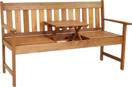 Sunnydaze Meranti Wood Outdoor Patio Bench With Built-In Pop-Up Table -, Inch - £281.29 GBP