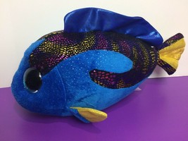 Ty Beanie Babies Aqua Fish 12&quot; Sparkle Teal Eyes Glitter Blue Yellow Rainbow - $8.59