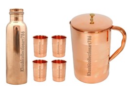 Copper Plain Smooth Bottle Water Pitcher Jug 4 Drinking Tumbler Glass Set Of 6 - £54.99 GBP