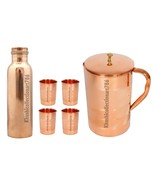 Copper Plain Smooth Bottle Water Pitcher Jug 4 Drinking Tumbler Glass Se... - £54.10 GBP