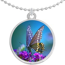 Purple Butterfly Round Pendant Necklace Beautiful Fashion Jewelry - $10.77