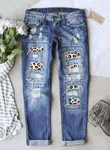 Leopard Solid Print Patchwork Distressed Jeans with Pockets - $64.89