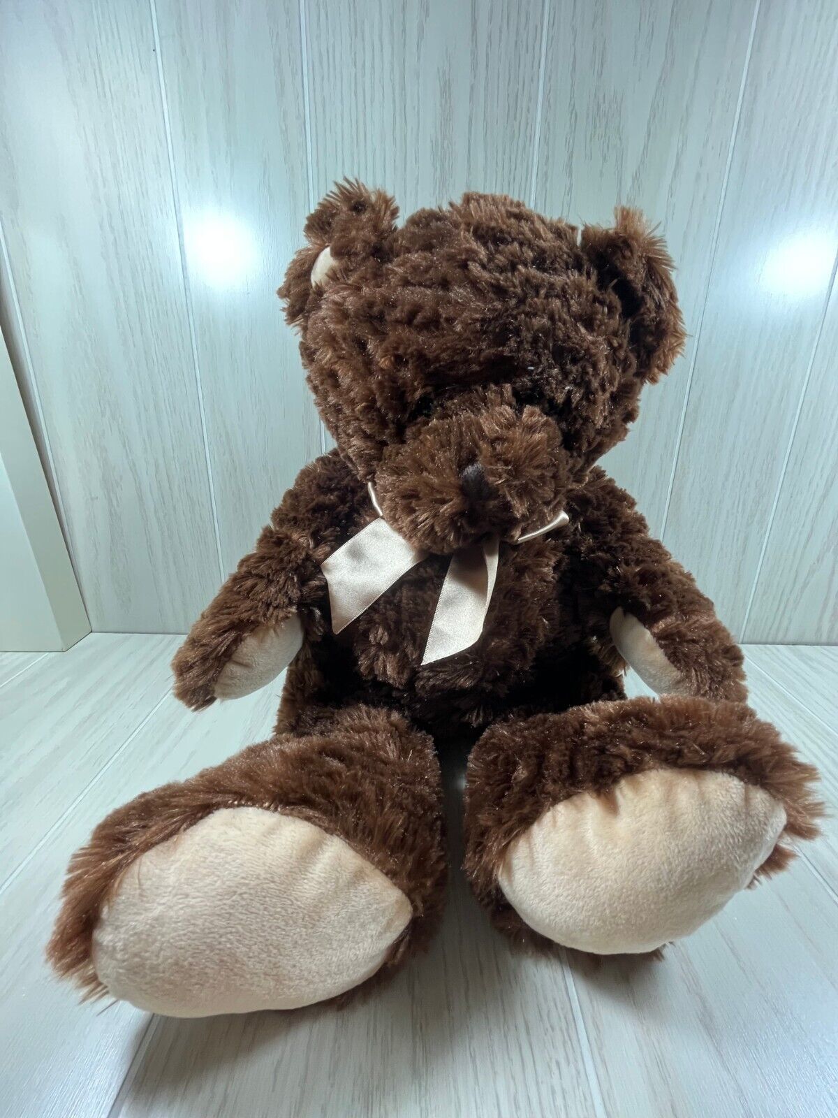 Hug & Luv 18" dark chocolate brown plush teddy bear tan beige ribbon bow - $21.82