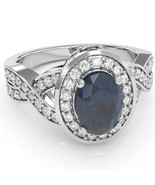 Three Stone Lab-Created Sapphire Diamond Halo Engagement Ring In 14k Whi... - $1,496.58 CAD