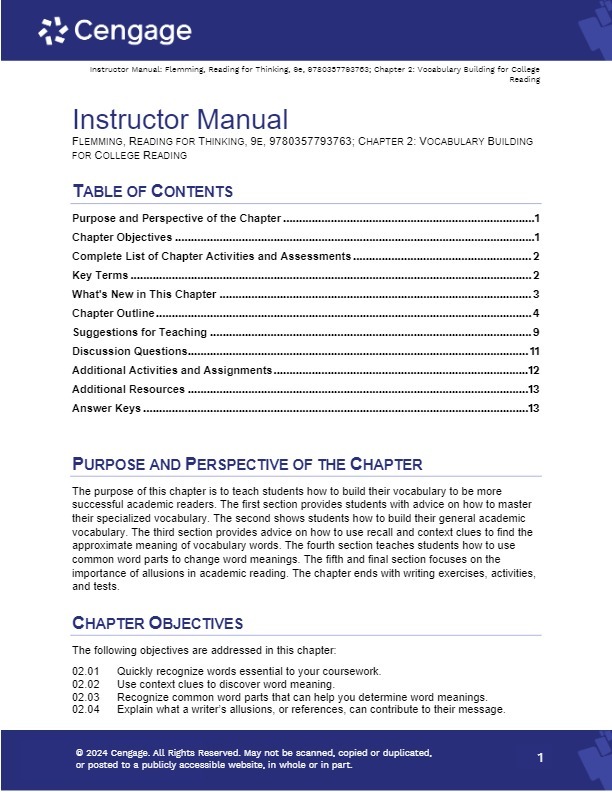 Solution Manual For Reading for Thinking 9th Edition by Laraine E. Flemm... - $17.99