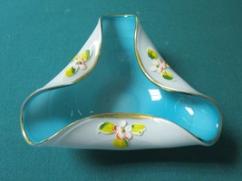 Tri Sided Bowl Handkerchief Hand Applied Flowers 6 X 6 X 2 1/2&quot; Turquoise Gold - £58.40 GBP