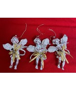 3 Vtg Danson Ornaments Silver Plastic Angels Snow on Wings Gold Bows 3.5... - $148.08 MXN