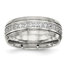 Chisel Stainless Steel Polished Grooved with CZ 8mm Half Round Band Ring Size 12 - £44.60 GBP