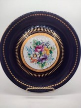 Vintage Porcelain Floral Decorative Plate 22K Gold Cobalt Regency Multicolor  - £15.81 GBP