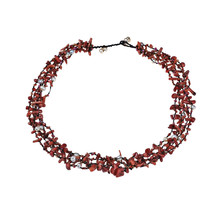 Vibrantly Colorful Chunky Layers of Red Coral and Pearl Multi-Strand Necklace - £20.24 GBP