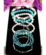 Turquoise-BLUE &amp; PINK ROSE Lot 7 BEADED BRACELETS Vintage Quartz Glass S... - $19.79