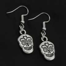 Sugar Skull Earrings 1.5&quot; Day Of The Dead Drop Dangle Stainless Steel Ear Wires - £6.35 GBP
