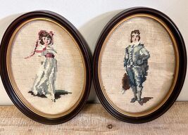 VTG  Framed Needlepoint ART PINKIE &amp; BLUE BOY Oval Wood/Gold Frames 10.5... - $99.64
