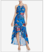 Parker  Sz 12 Womens Davina Halter Dress Blue Silk Zinnia Floral Keyhole... - $69.29