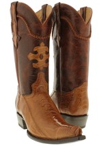 Mens Cognac Western Cowboy Dress Boots Ostrich Foot Skin Leather 3X Pointed Toe - £144.32 GBP