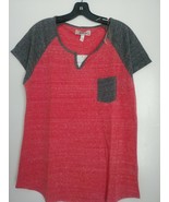 Derek Heart Plus Red/Gray Open slit neck cotton Raglan S/Sleeve Top 1X  ... - $7.50