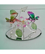 Glass Hummingbirds Flower on Mirror Base Pink Purple Birds Flower - $45.00
