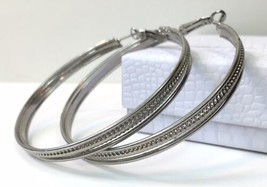 Huge Silver Tone Textured Hoop Earrings  Statement Jewelry Pierced Ears - £5.50 GBP